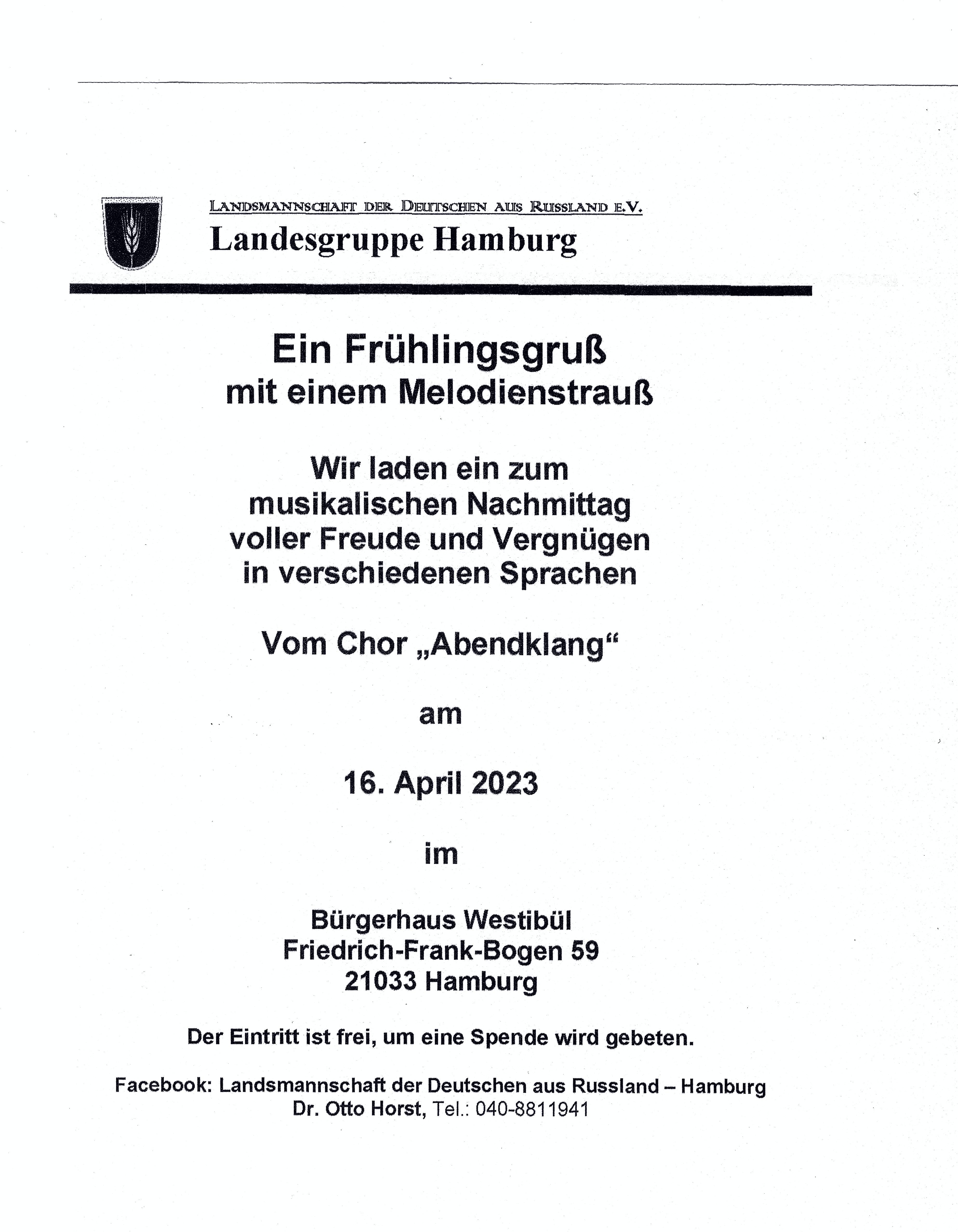 Einladung zum musikalischen Nachmittag am 16.4.2023